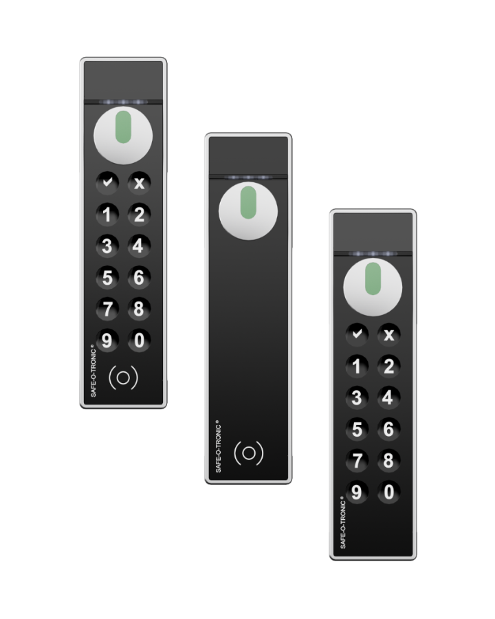 3 Produktbilder Safe-O-Tronic LS Schlösser, Frontalansicht, mit Drehknopf, mit und ohne PIN-Pad